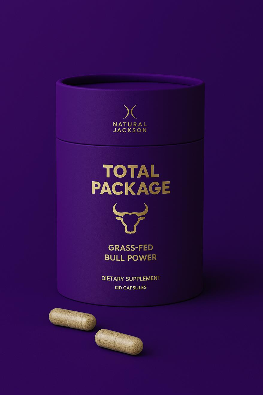 TOTAL PACKAGE bottle with capsules on deep purple