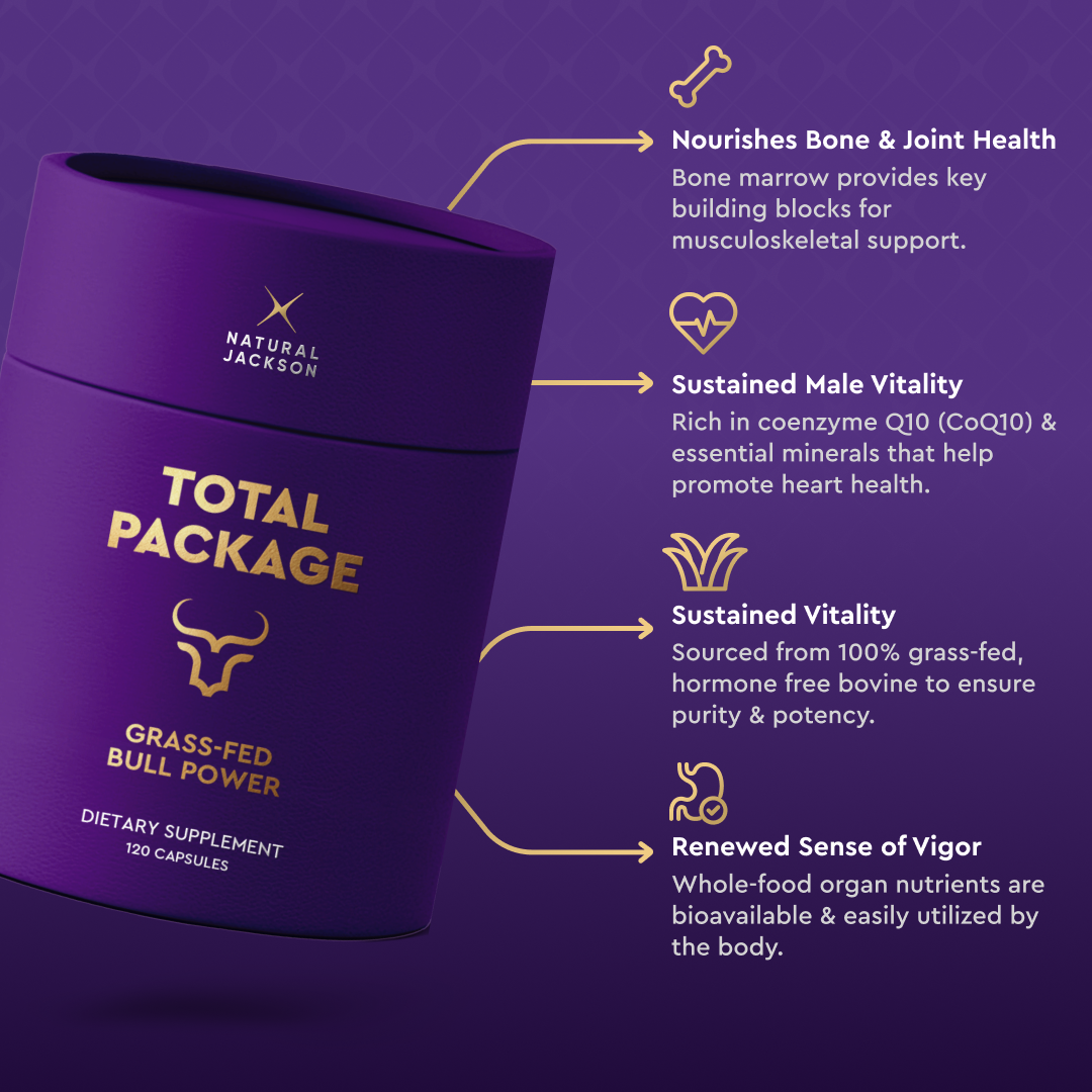 TOTAL PACKAGE benefits: bone and joint health, sustained male vitality, extended sessions, renewed vigor